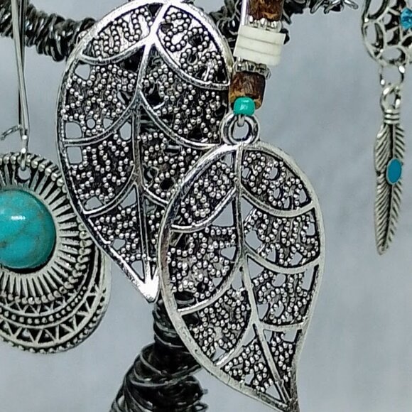 SALE!! 3 Pair BOHO ETHNIC EARRINGS, Silvery, Faux Turq BLUE BUNNY'S BOHO BAUBLES - Picture 5 of 11